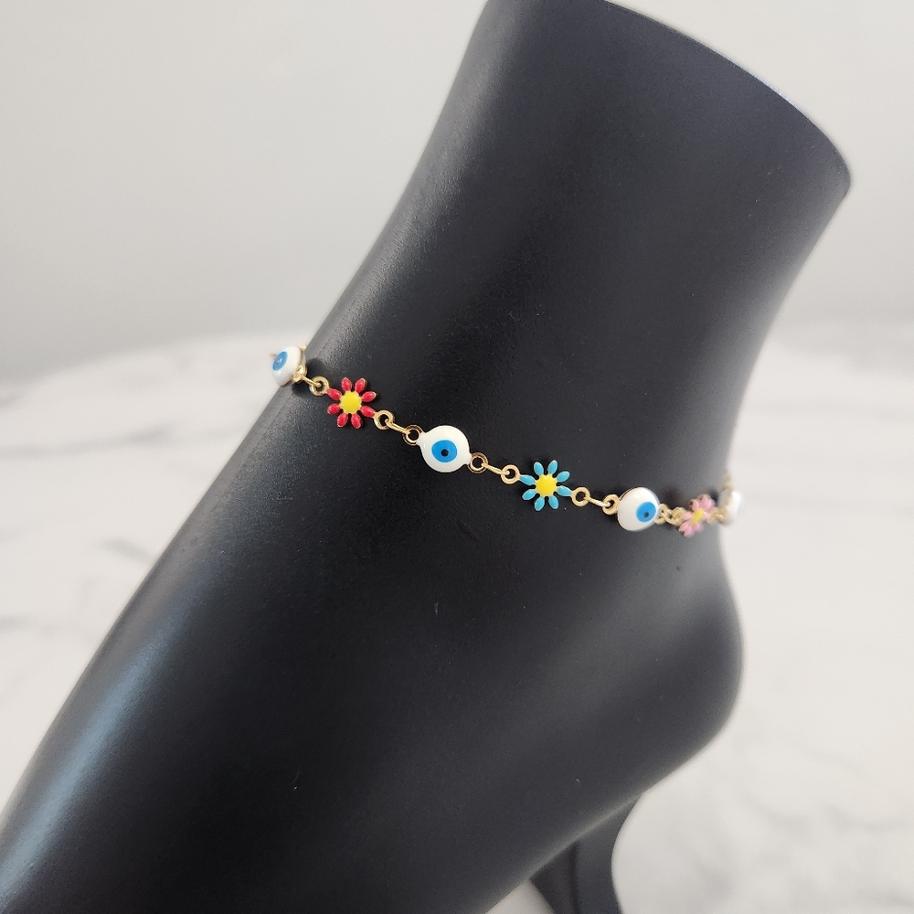 Multi Color Stainless Steel Floral Evil Eye Charm Anklet Summer Accesories